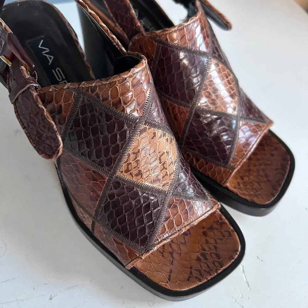 Y2K Via Spiga Patchwork Snakeskin Slingback Block Heel Sandal Brown Size 7 Italy